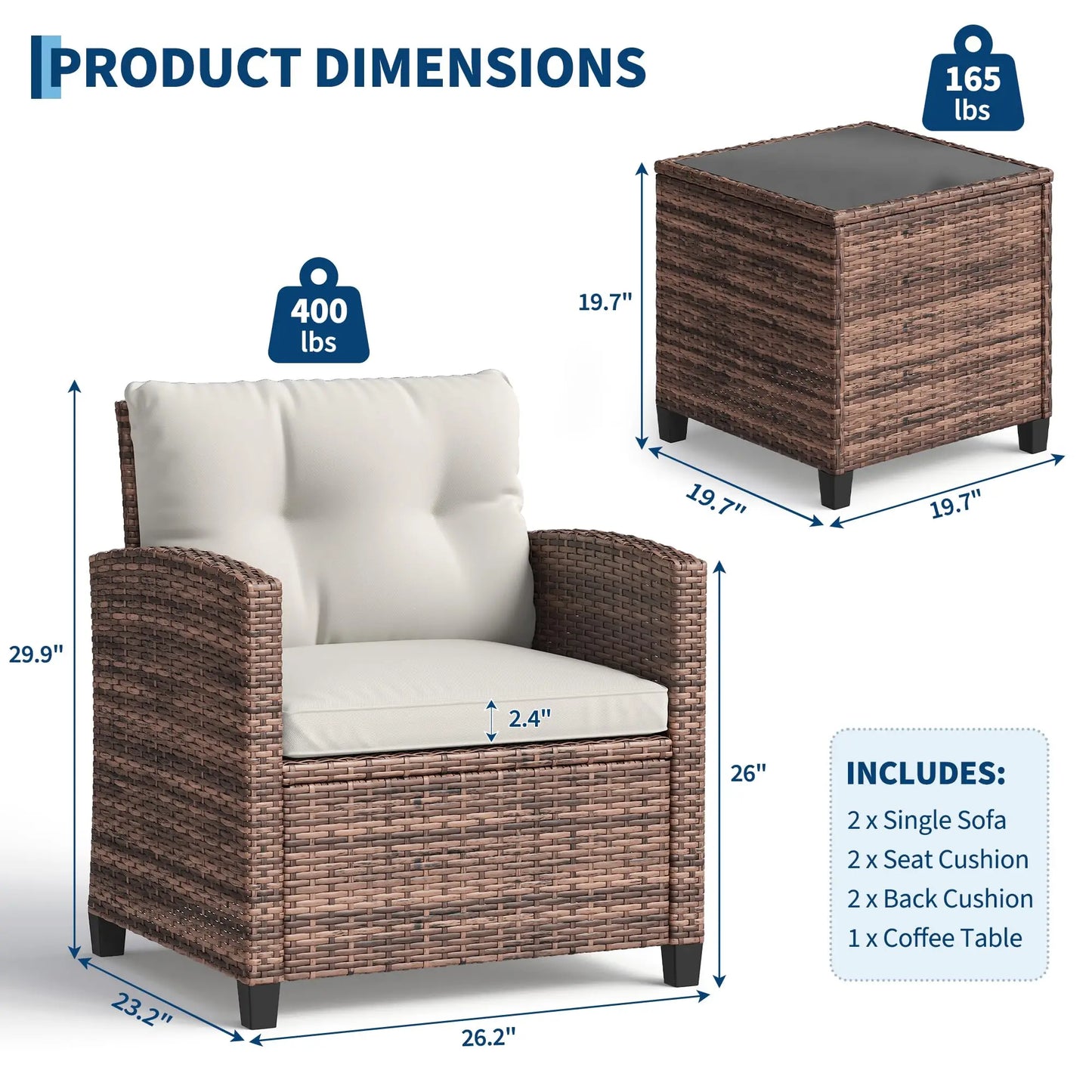 HiMISS Outdoor Bistro Set 3 Piece Wicker Patio Furniture With Coffee Table