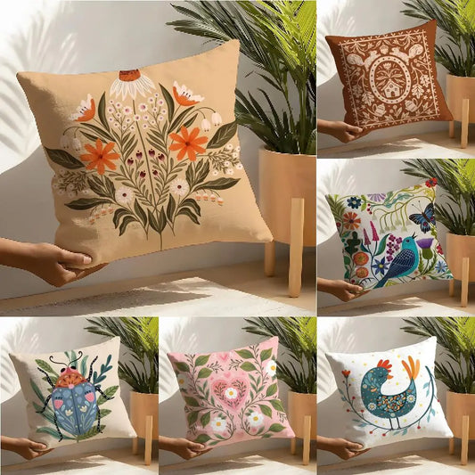 Butterfly Bird And Flower Print Pillow Case Linen Cushion Cover