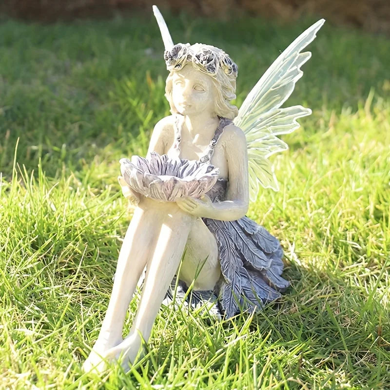 Outdoor Garden Solar Fairy Statue Light Resin Flower Holder Decor