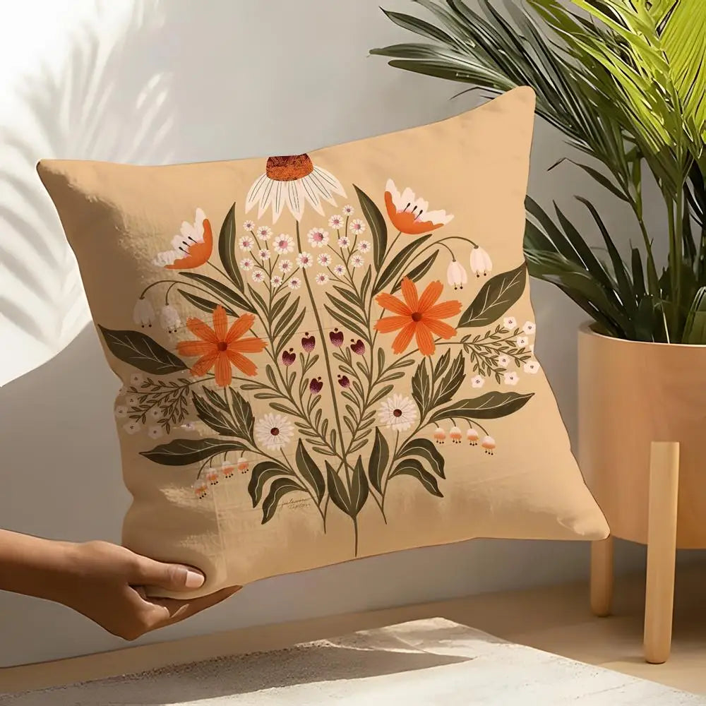 Butterfly Bird And Flower Print Pillow Case Linen Cushion Cover