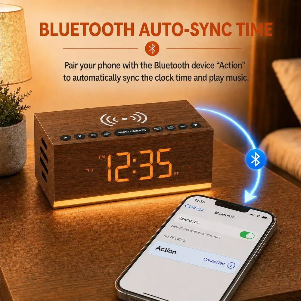 Bluetooth Digital Alarm Clock With Wireless Charging And FM Radio