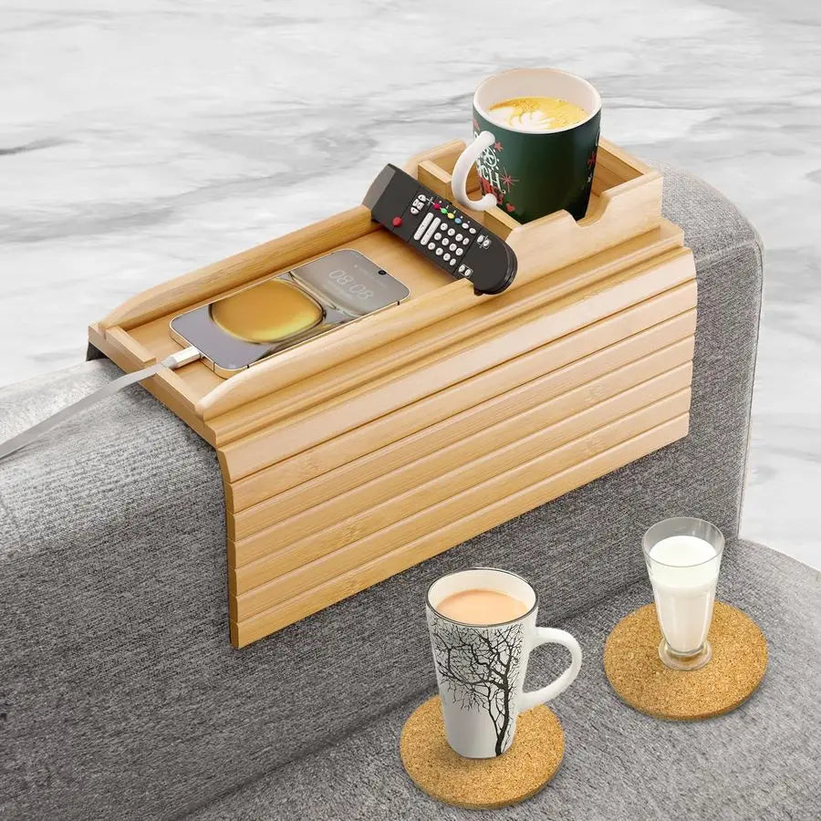 Bamboo Couch Armrest Tray With Cup Holder And Coasters