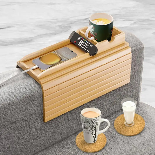Bamboo Couch Armrest Tray With Cup Holder And Coasters