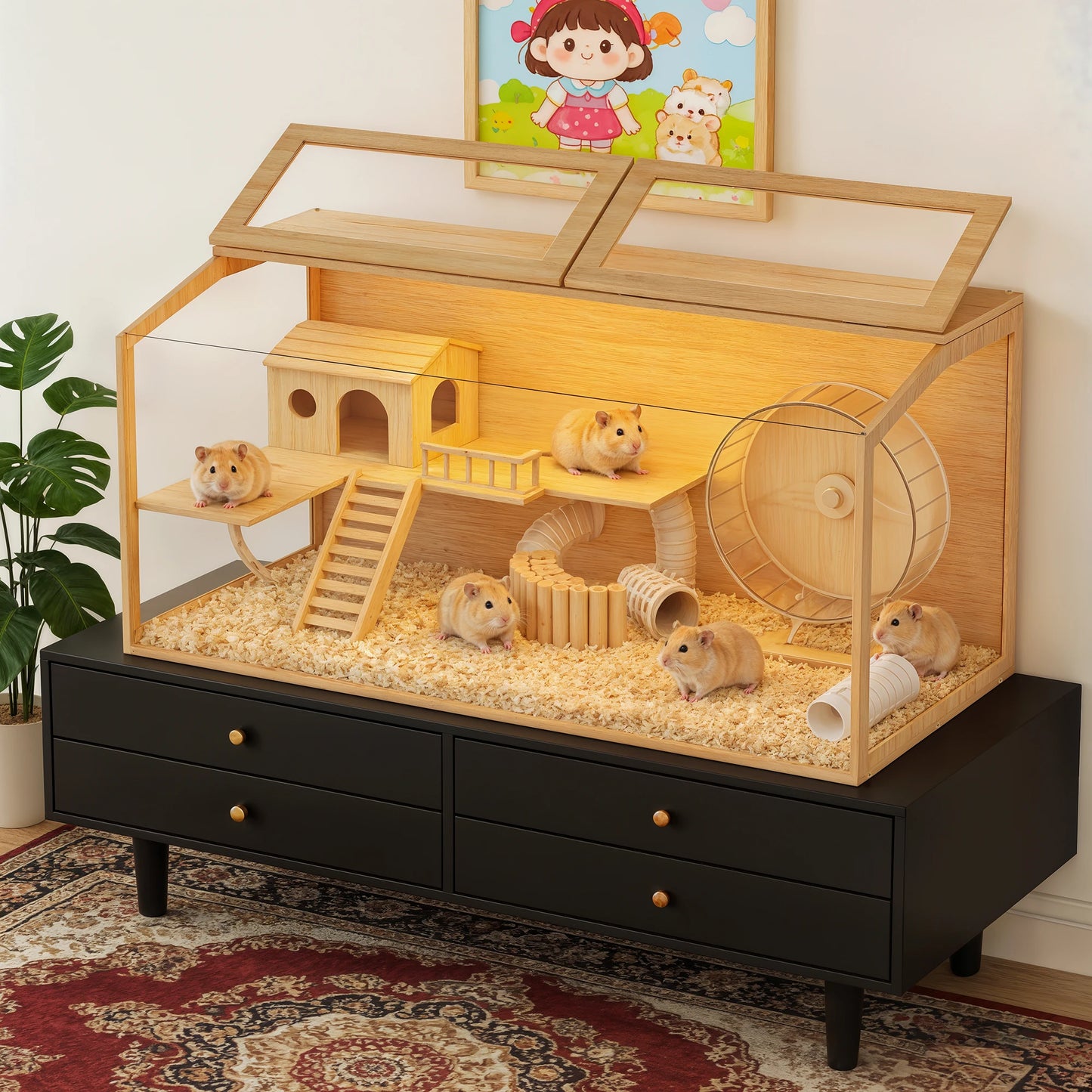 Wooden Hamster Cage With Built In Light For Small Pets