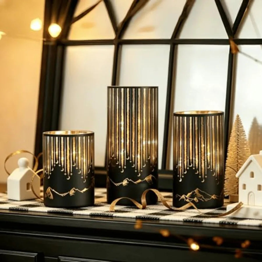 Illuminated Starry Night Hurricane Candle Holders Set 3 With LED Lights Remote