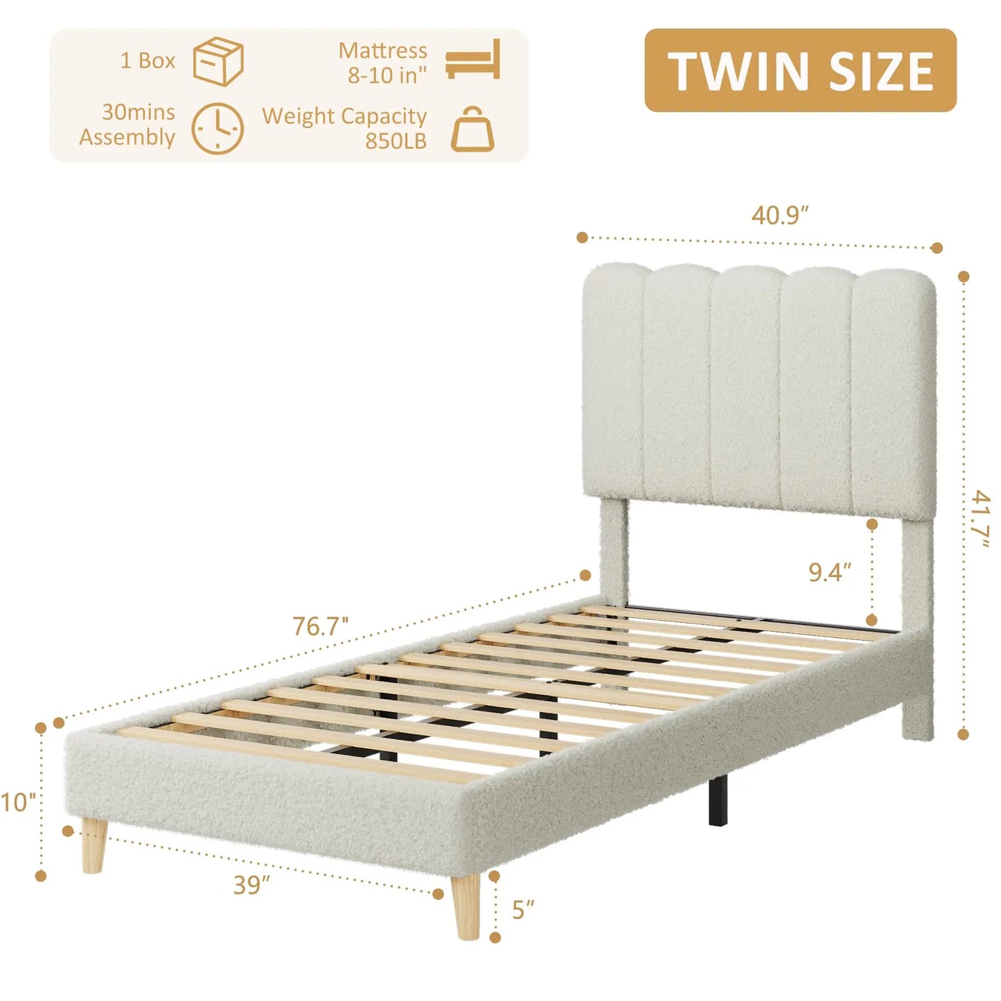 Twin Bed Frame, Upholstered Platform Bed with Wave Headboard for Girls/Kids, Easy Assembly, Wooden Slats Support, No Box Spring Needed