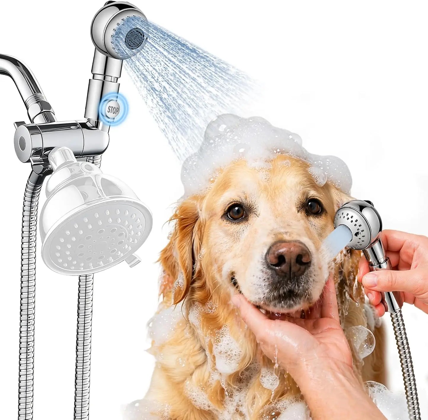 Pet Shower Attachment With One-Button Pause For Nervous Pets