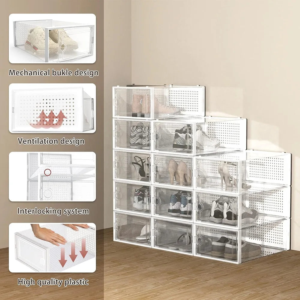 Transparent Stackable Shoe Storage Boxes Foldable Linked Design 12 Pack