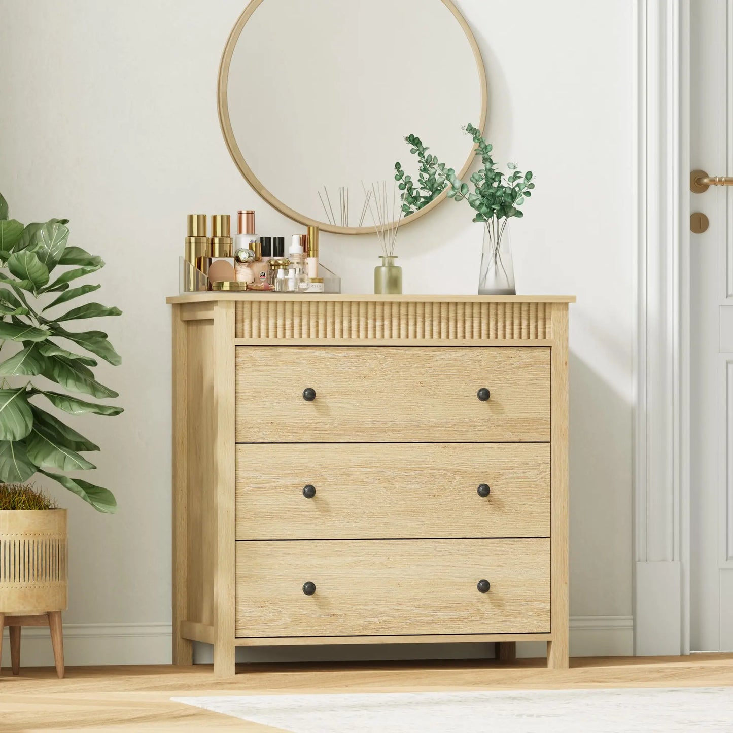 31.5 Inch Fluted Nightstand With 3 Drawers, Natural Oak Finish Wood Bedside Table, Large Modern End Table For Bedroom Storage