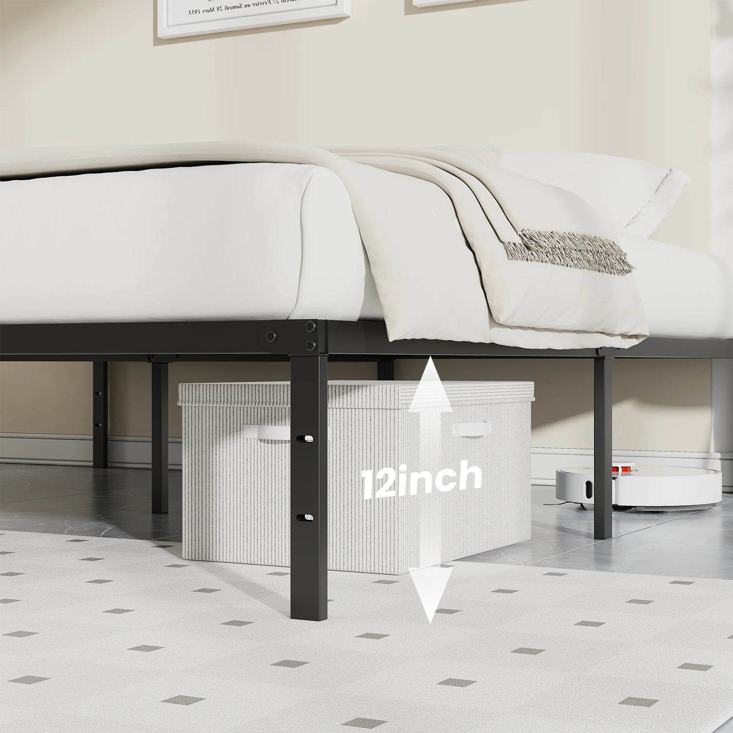 JHK Basic 12IN Twin Full Queen King Size Bed Frame Metal Platform Bedroom Frames with Storage Space Sturdy Steel Slat Support