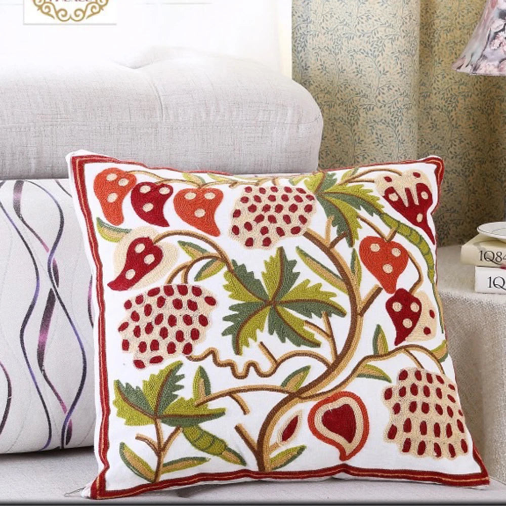 Ethnic Style Floral Embroidered Cotton Pillow Cover