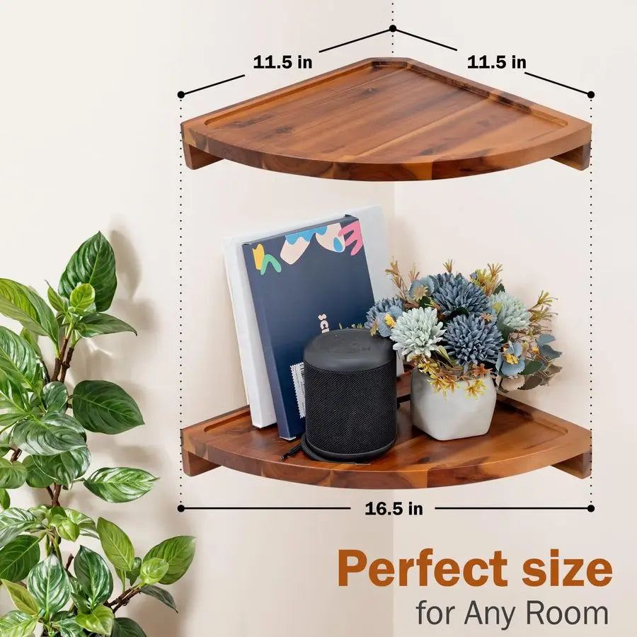 Floating Corner Shelves Wall Mount 2 Pack Acacia Wood