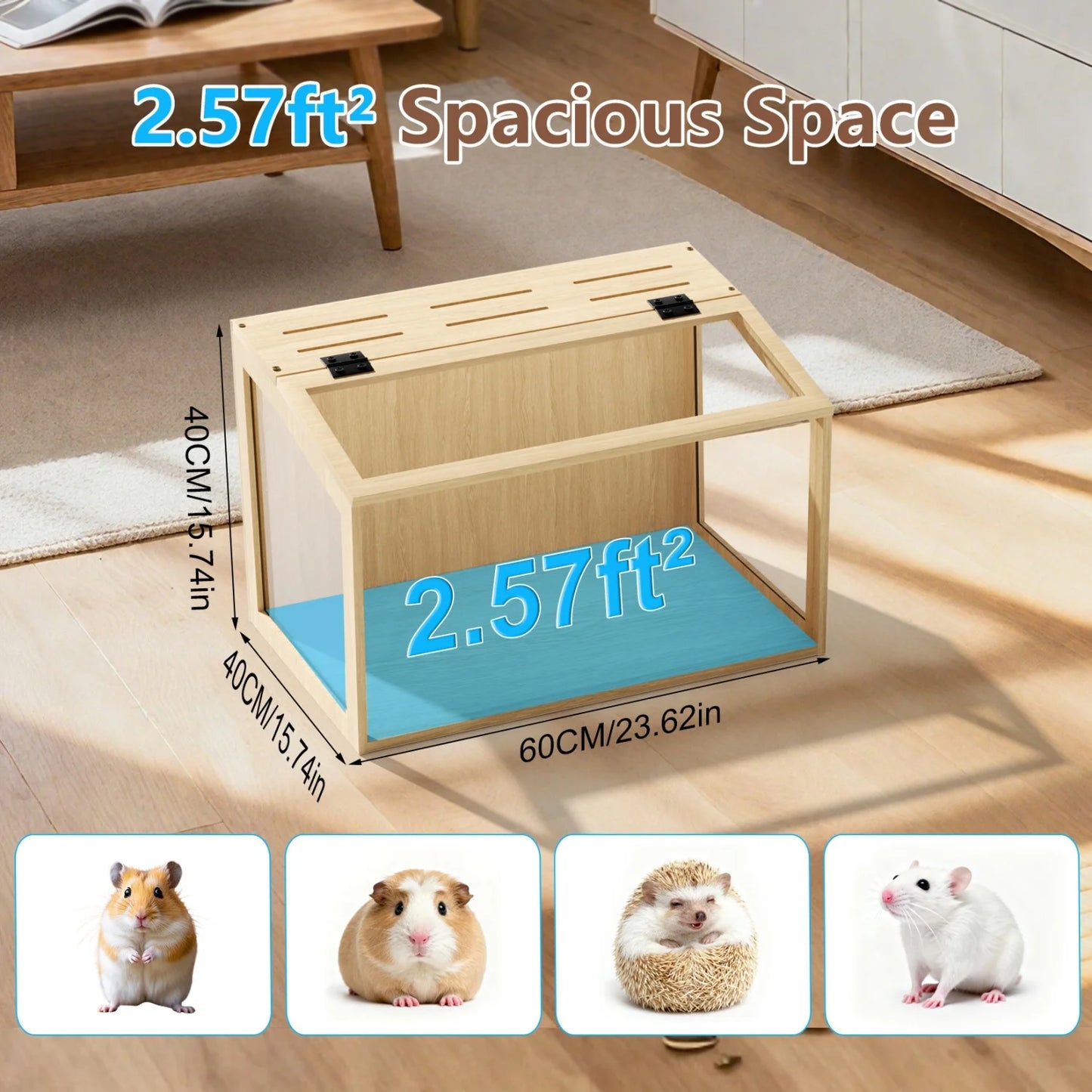 Wooden Hamster Guinea Pig Cage Tempered Glass Led Light Habitat