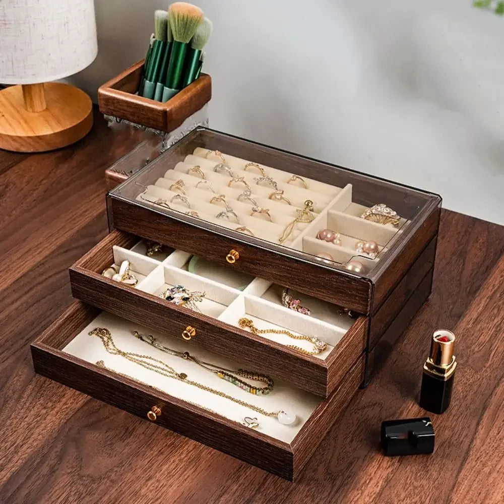 Multi Layer Wooden Jewelry Box With Transparent Window Organizer