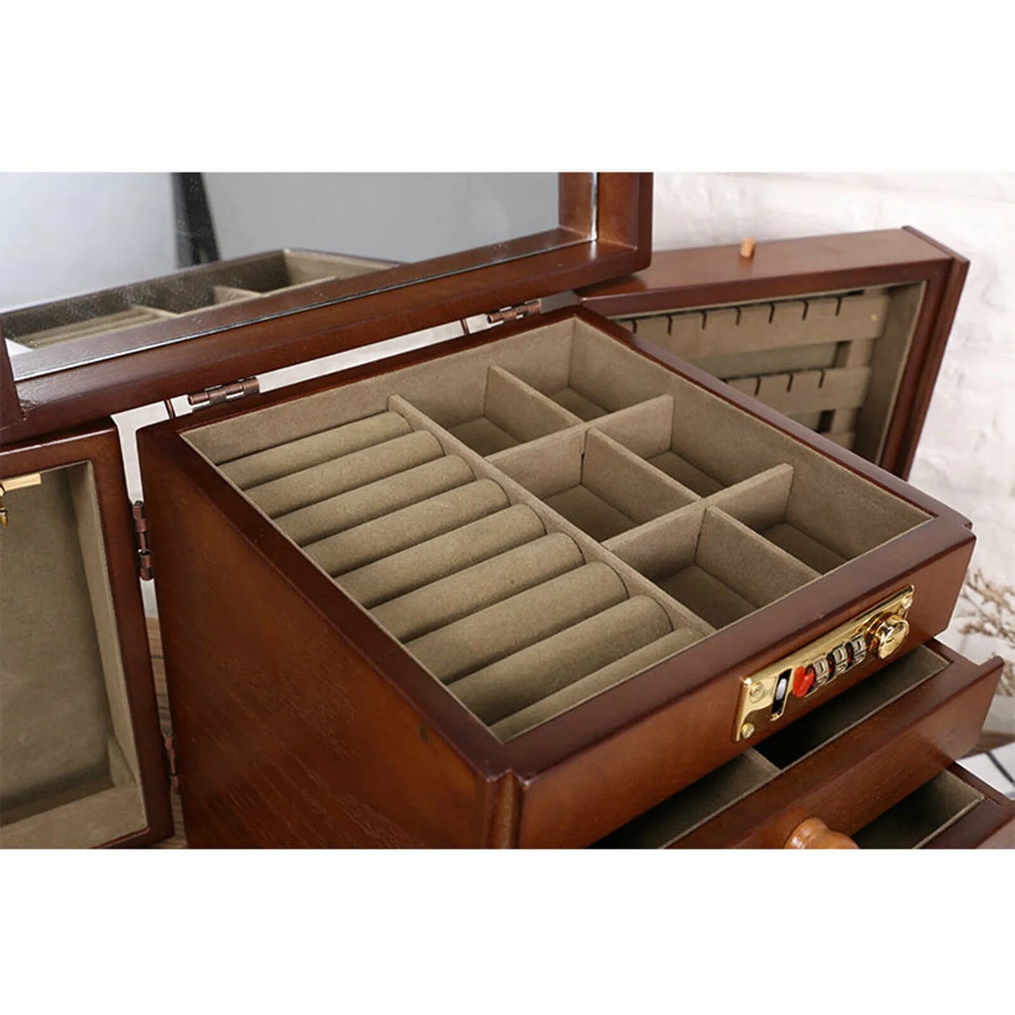 Wooden Jewelry Box With Mirror And Password Lock Four Layer Storage