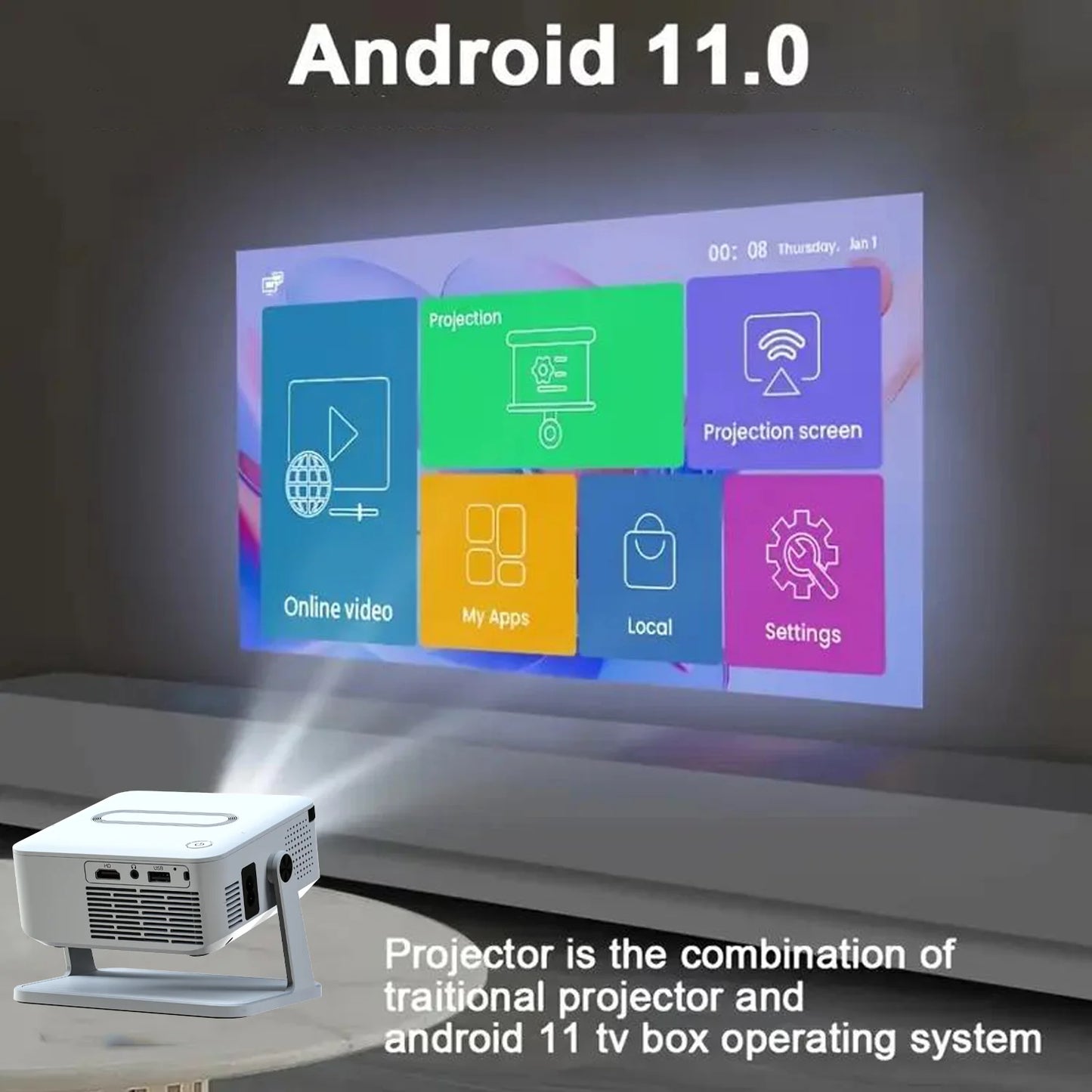 Xnano Android Smart Projector With HDMI USB Wireless Connectivity Holder