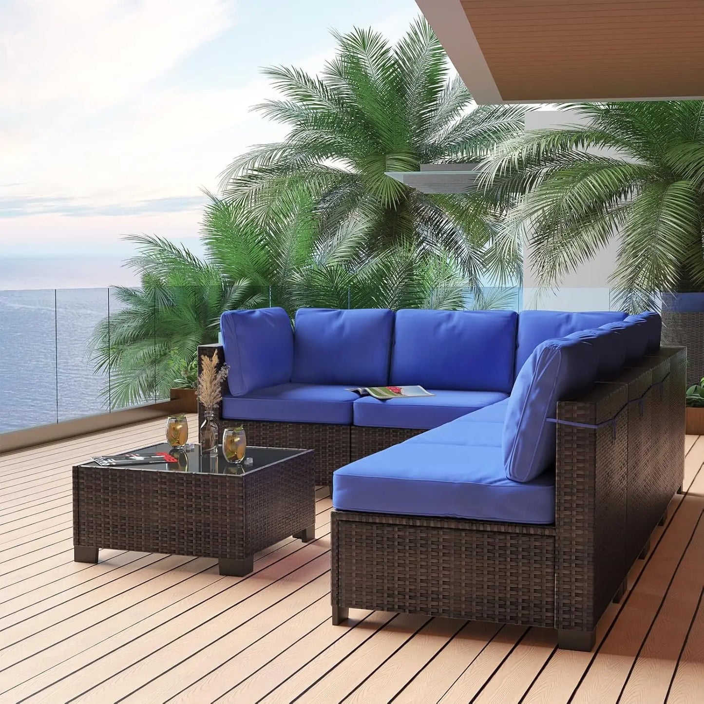 HobbyLane 7-Piece Modular Outdoor Furniture Set PE Rattan Wicker