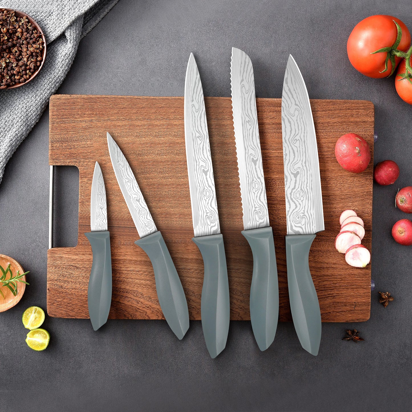 Damascus Pattern Stainless Steel Kitchen Knife Set With Knife Block