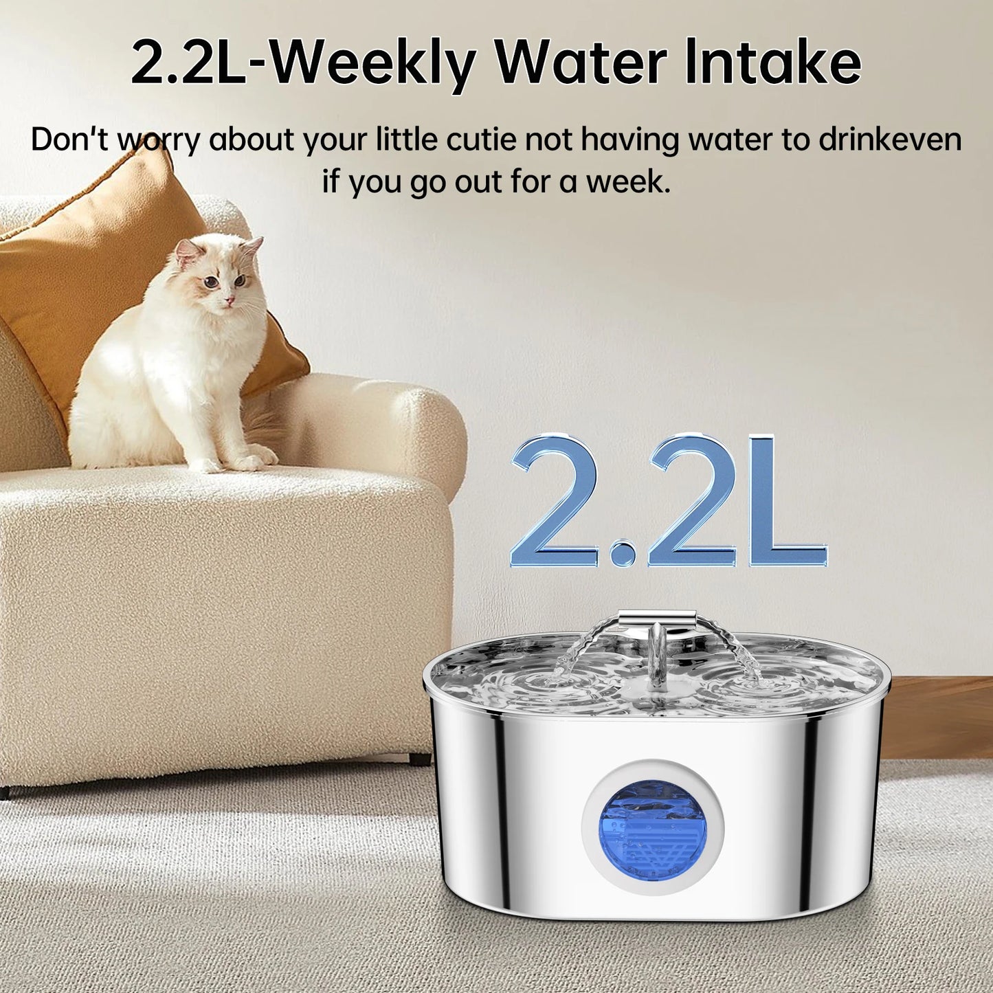 Stainless Steel Cat Water Fountain With Visible Water Level Window