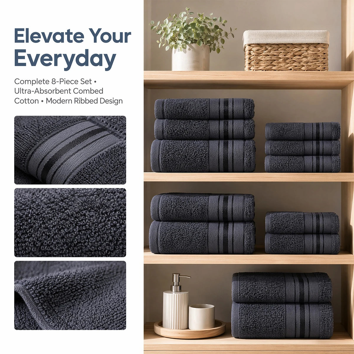 8 Piece Luxury Towel Set 100 Percent Cotton Towels Washcloths
