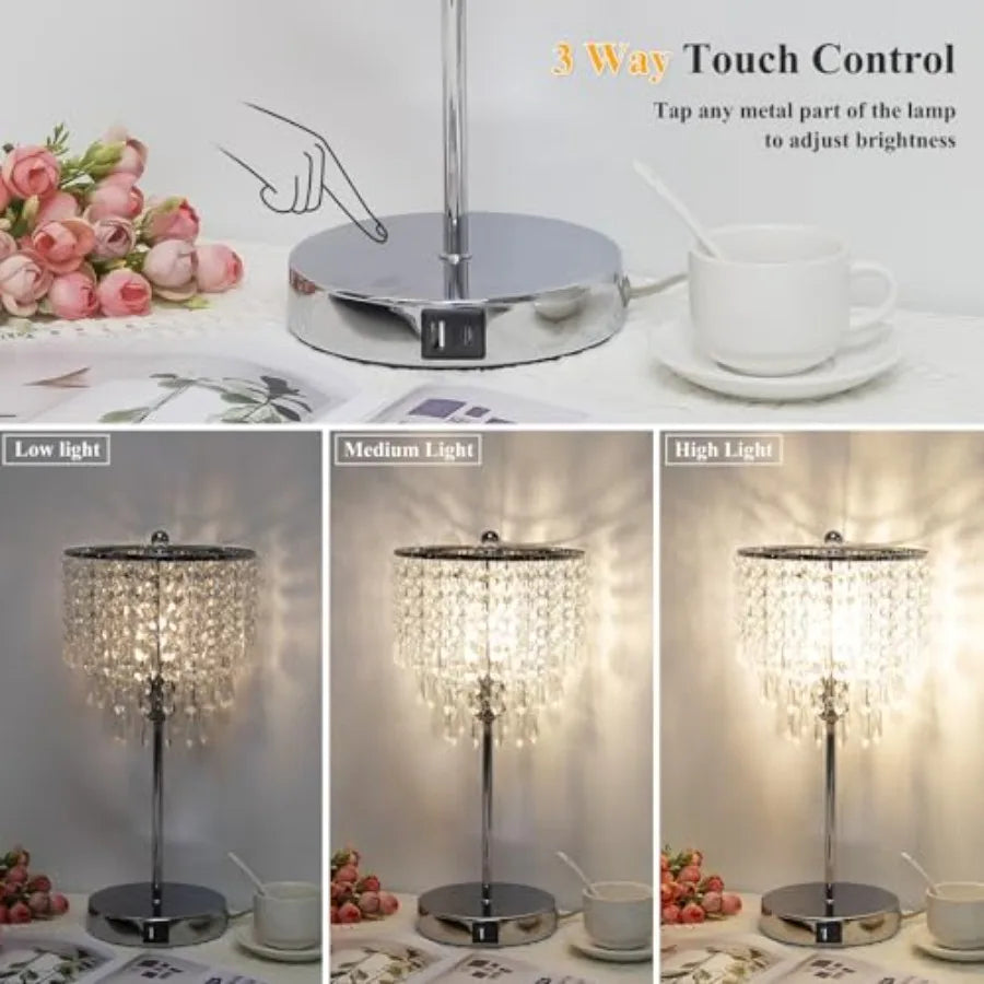 Crystal Table Lamp With USB Ports 3 Way Dimmable Bedside