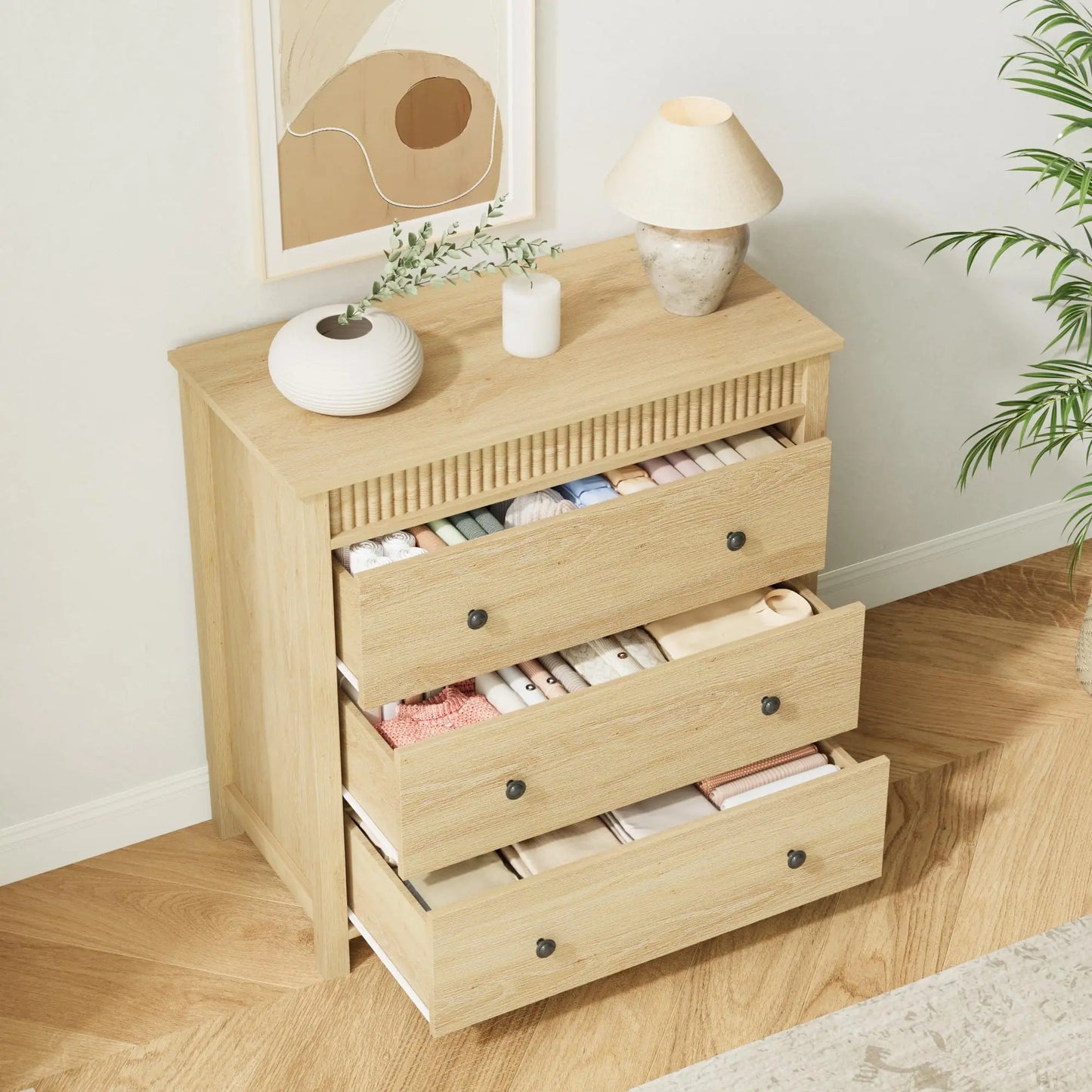 31.5 Inch Fluted Nightstand With 3 Drawers, Natural Oak Finish Wood Bedside Table, Large Modern End Table For Bedroom Storage