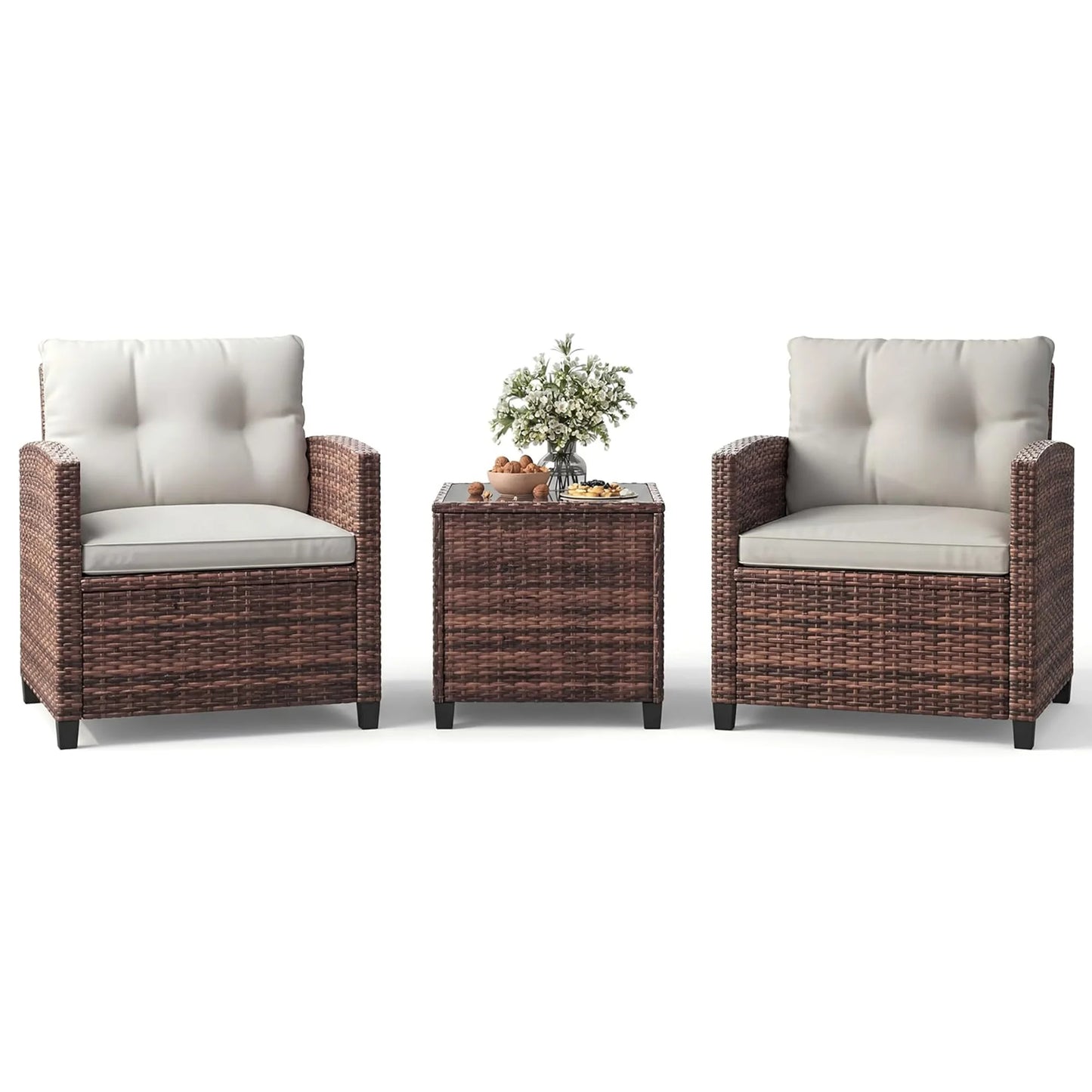 HiMISS Outdoor Bistro Set 3 Piece Wicker Patio Furniture With Coffee Table