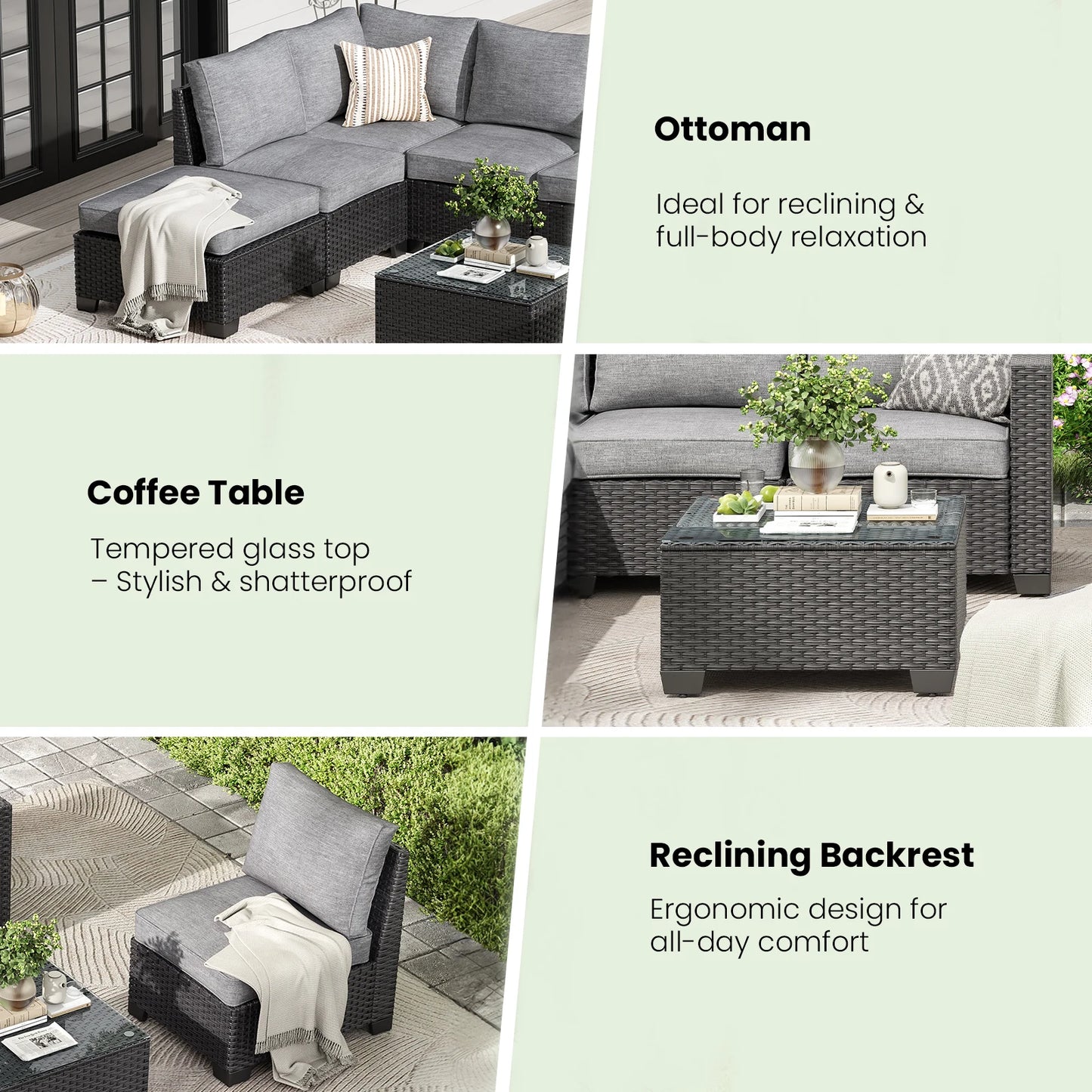 Rattan Patio Sectional Sofa Set With Ottoman Water Resistant Fabric