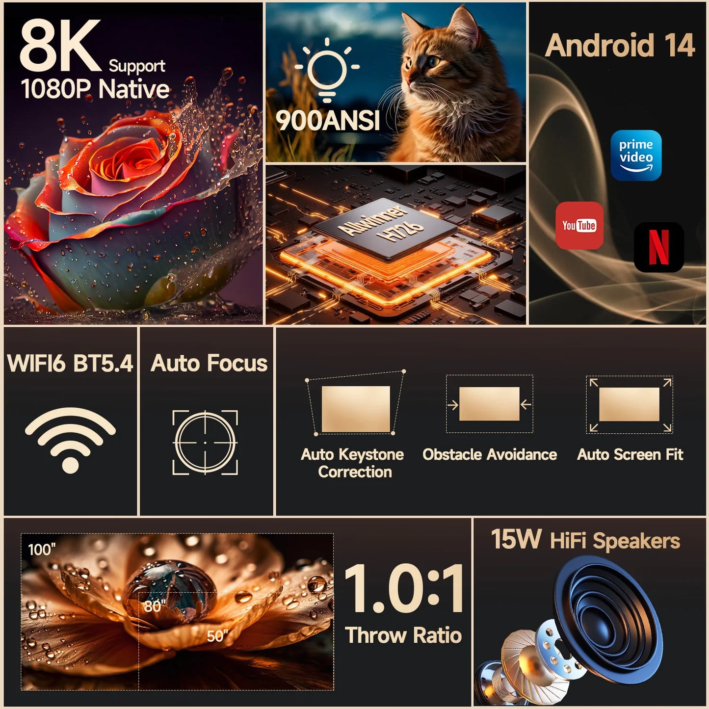 Magcubic Android 14 900ANSI Projector Auto Focus 1080P WiFi6 BT54