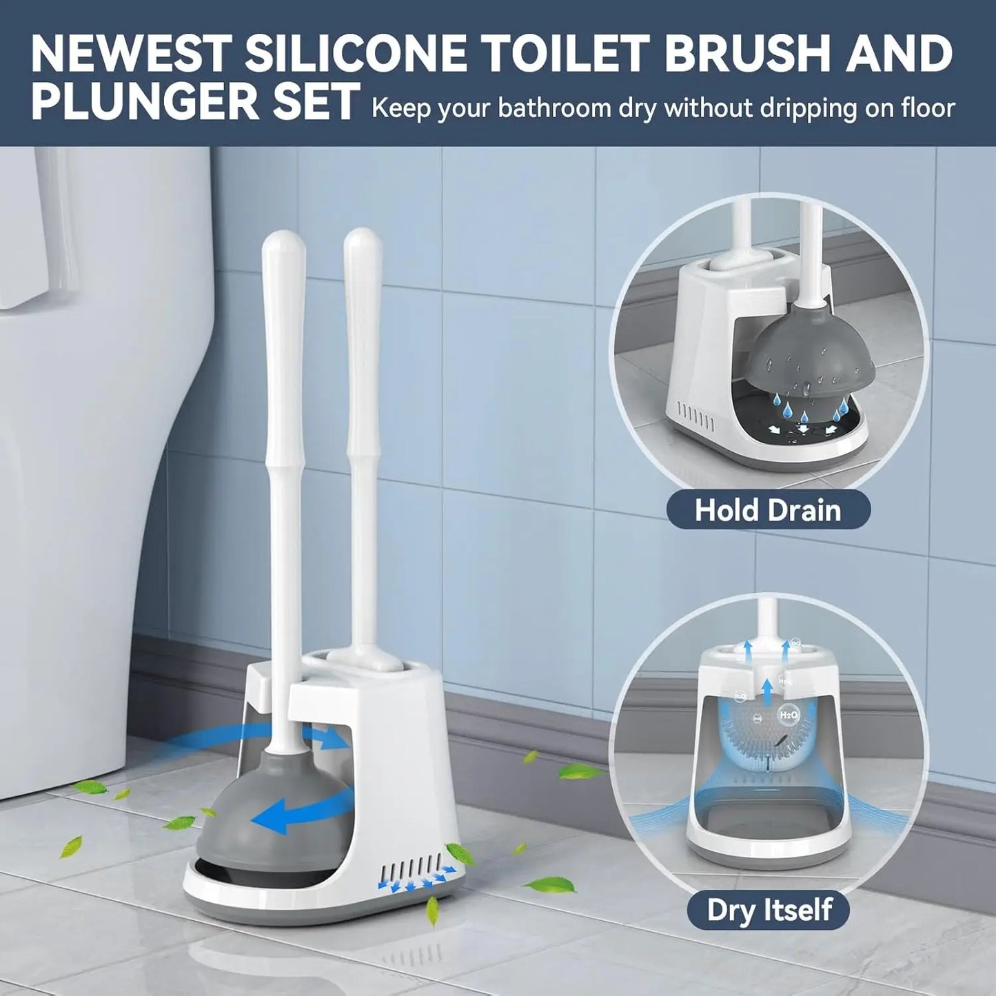 2-In-1 Toilet Plunger And Silicone Brush Set With Ventilated Holder