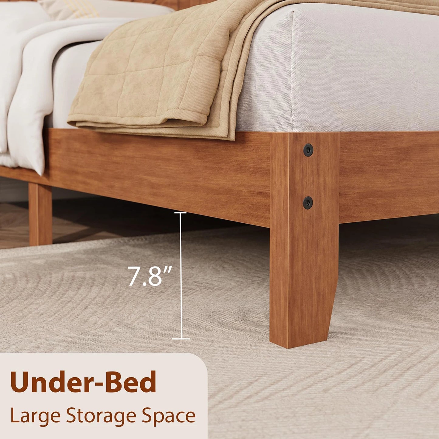 Full Queen King Wooden Platform Bed Frame With V Pattern Headboard, Noise Free Wood Slats, Underbed Storage, No Box Spring Needed