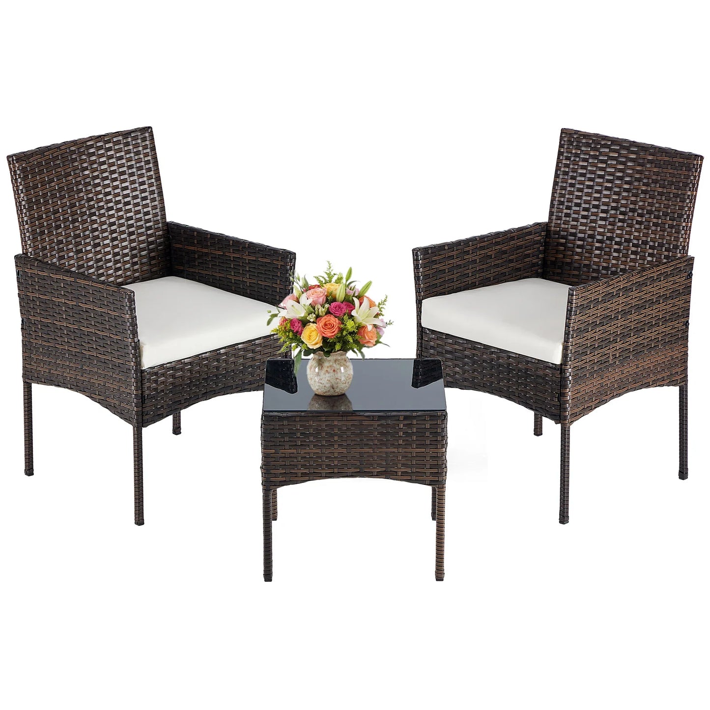 JHK Outdoor Patio Set All-Weather Wicker Bistro With Glass Table
