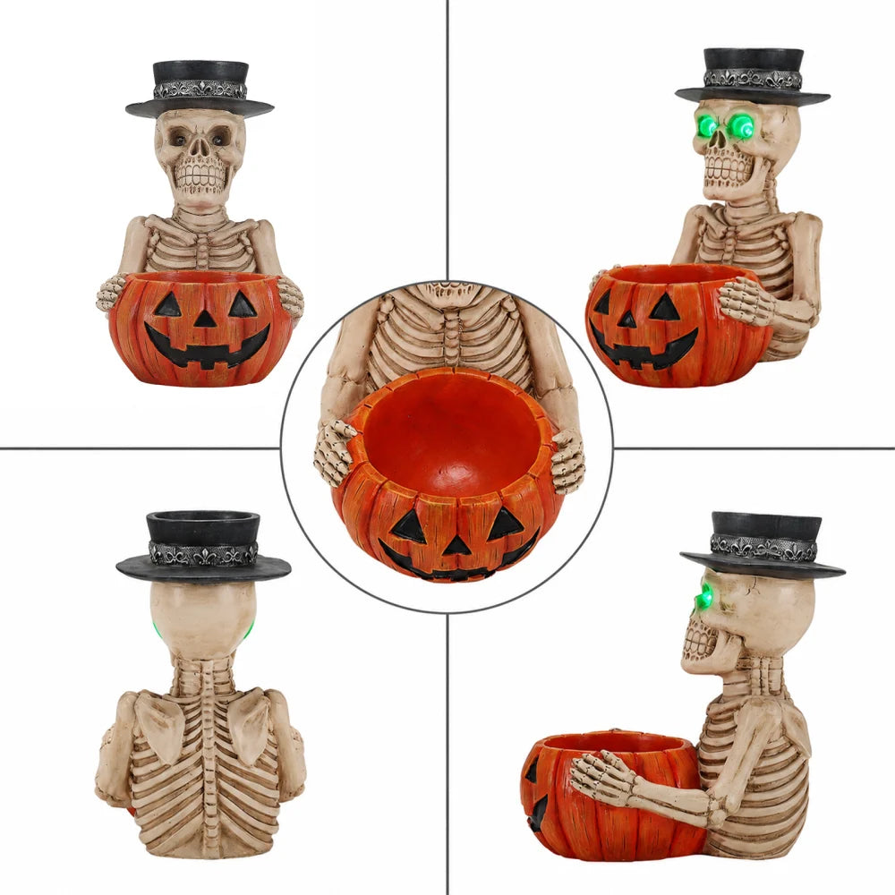Halloween Skeleton Figurine with Pumpkin Candy Bowl & Candle Holder, Spooky Table Decor for Halloween