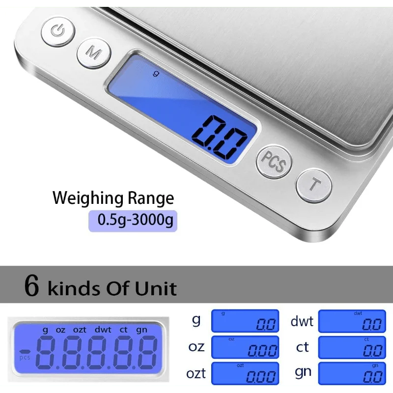 Digital Kitchen Scale 3000g, 0.1g Precision, 6 Modes, LCD