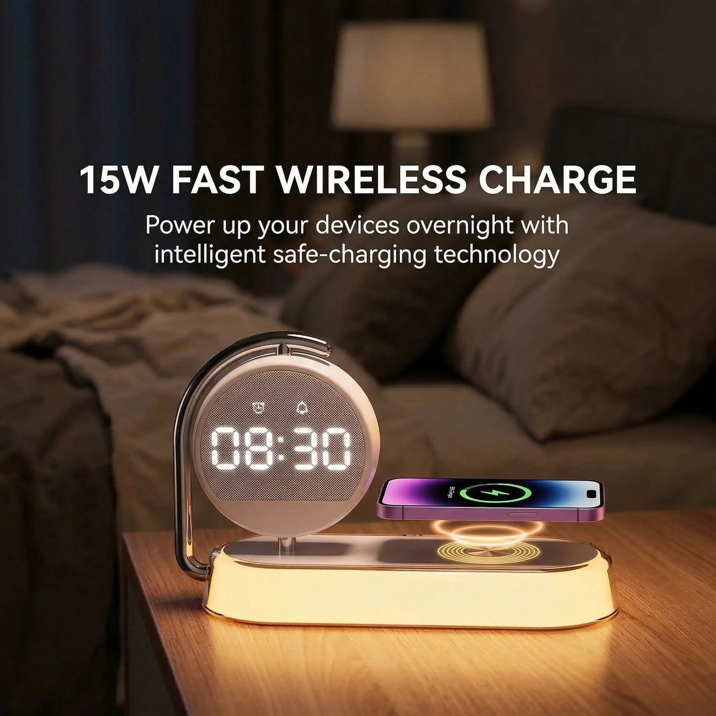 5-In-1 Alarm Clock Night Light With 15W Wireless Charger