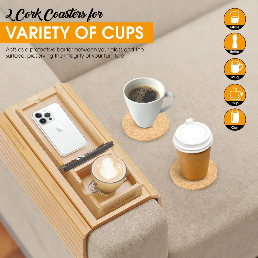 Bamboo Couch Armrest Tray With Cup Holder And Coasters