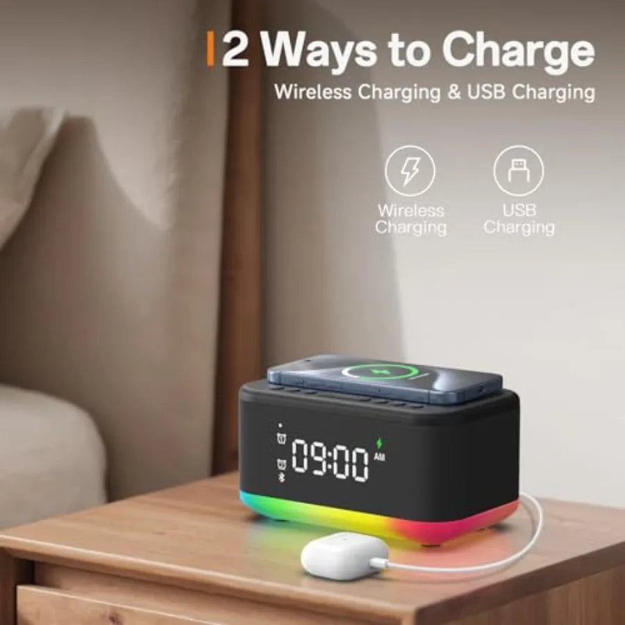Wireless Charging Alarm Clock With Bluetooth Speaker And Night Light