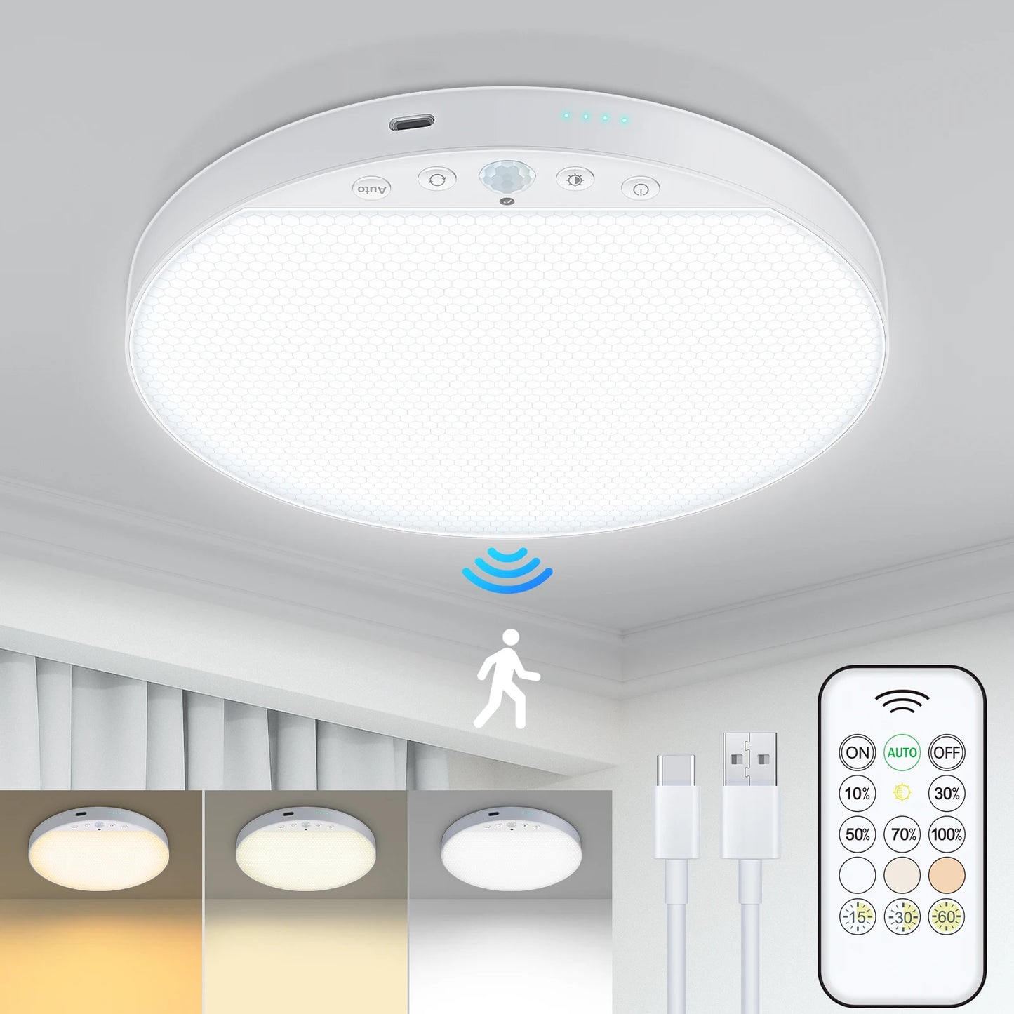 Willed 8W Rechargeable Motion Sensor Ceiling Light With Remote 5000mAh