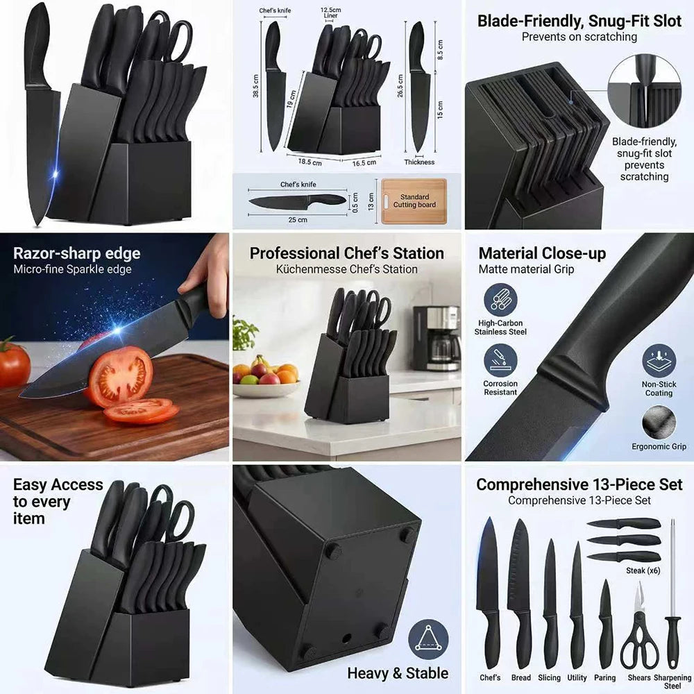 Kitchen Knife Set With Block And Ergonomic Stainless Steel Blades