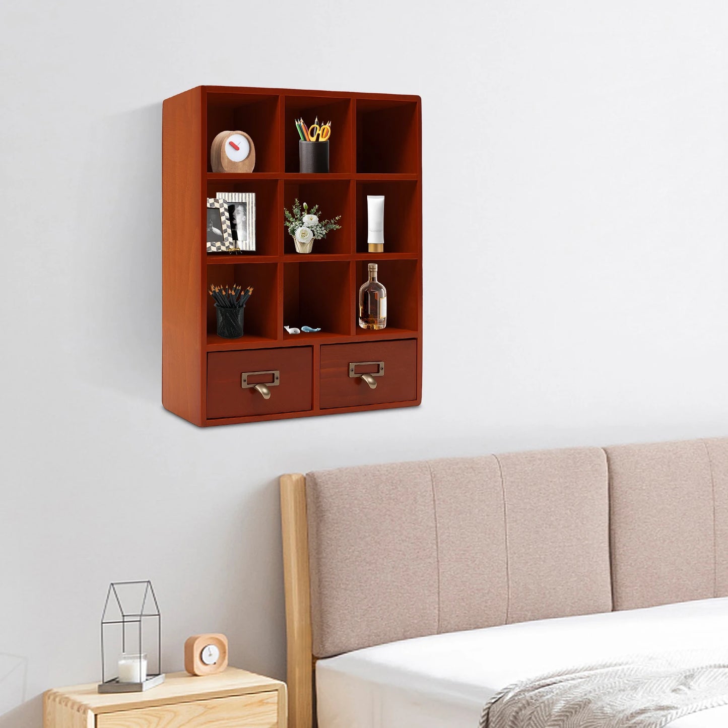 Nine-Compartment Wooden Storage Cabinet With Drawers