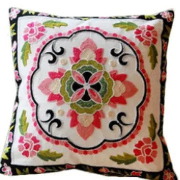 Ethnic Style Floral Embroidered Cotton Pillow Cover