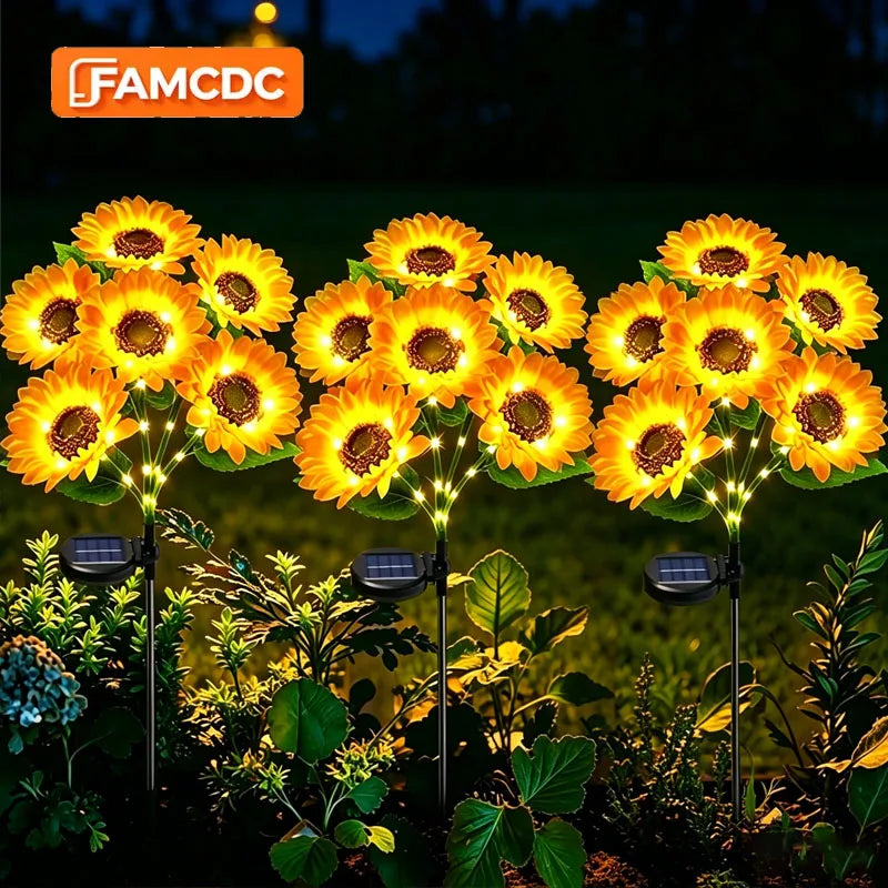 FAMCDC 3 Head Solar Powered Sunflower Garden Light