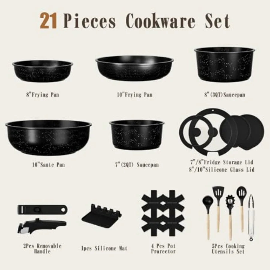 21Pcs Pots and Pans Set Non Stick, Nonstick Cookware Sets Detachable Handle, Non Toxic Induction RV Kitchen Cooking Set, Dishwa