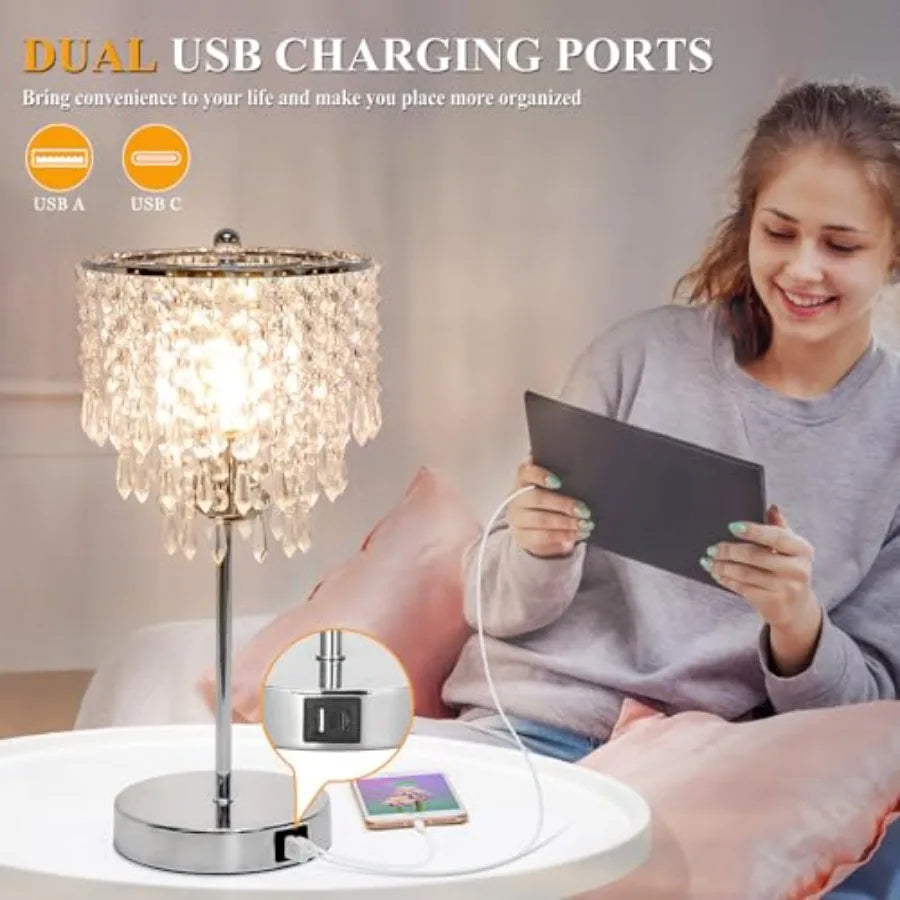 Crystal Table Lamp With USB Ports 3 Way Dimmable Bedside