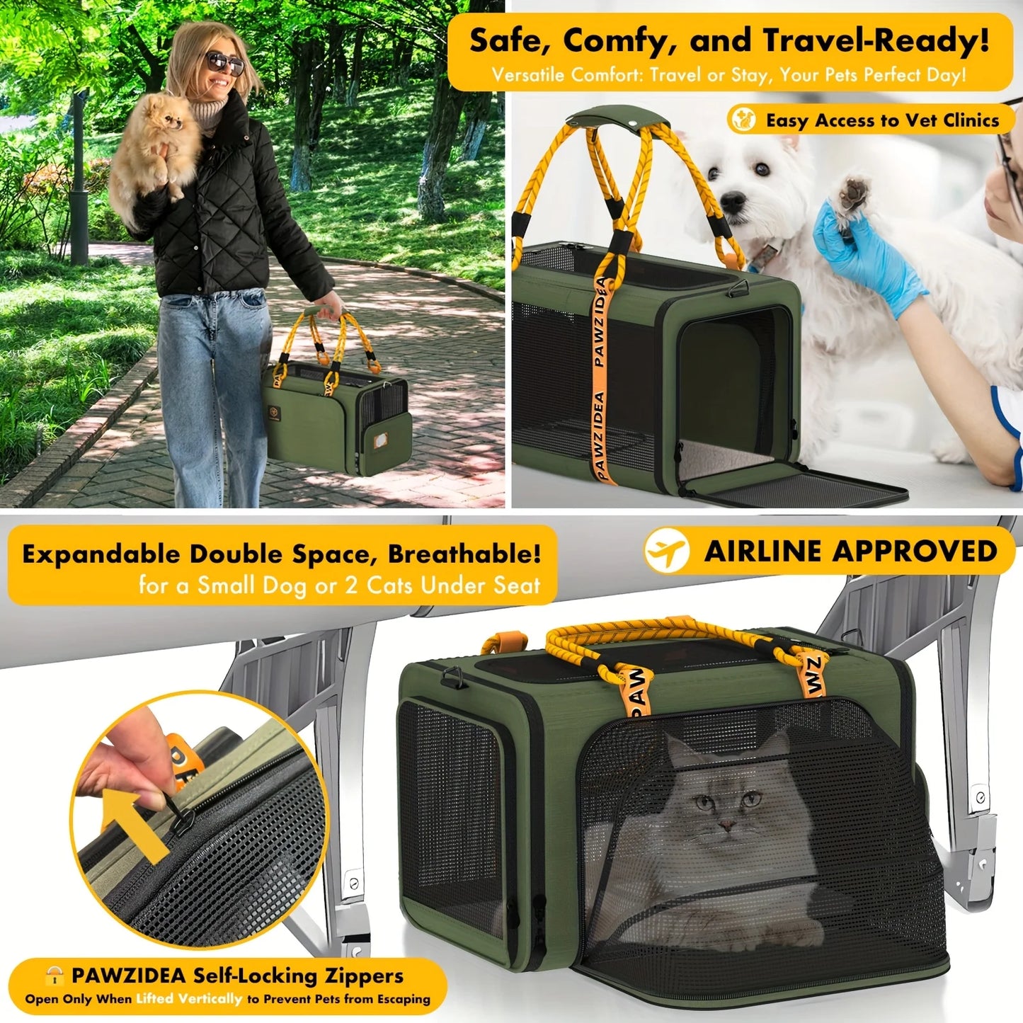 PAWZIDEA Expandable Cat Carrier With ID Card TSA Approved Under Seat