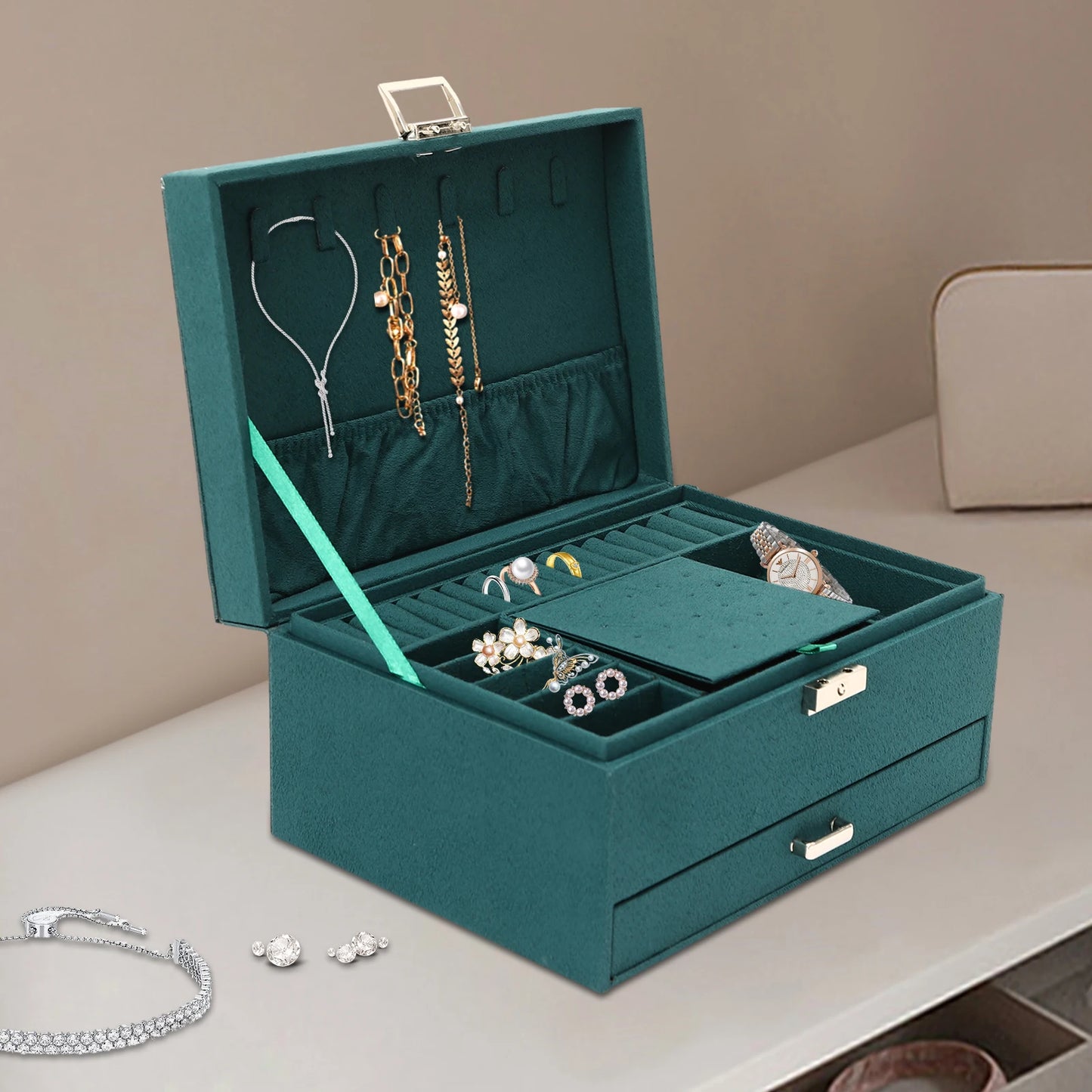 Three Tier Jewelry Box With Safe Lock Large Capacity