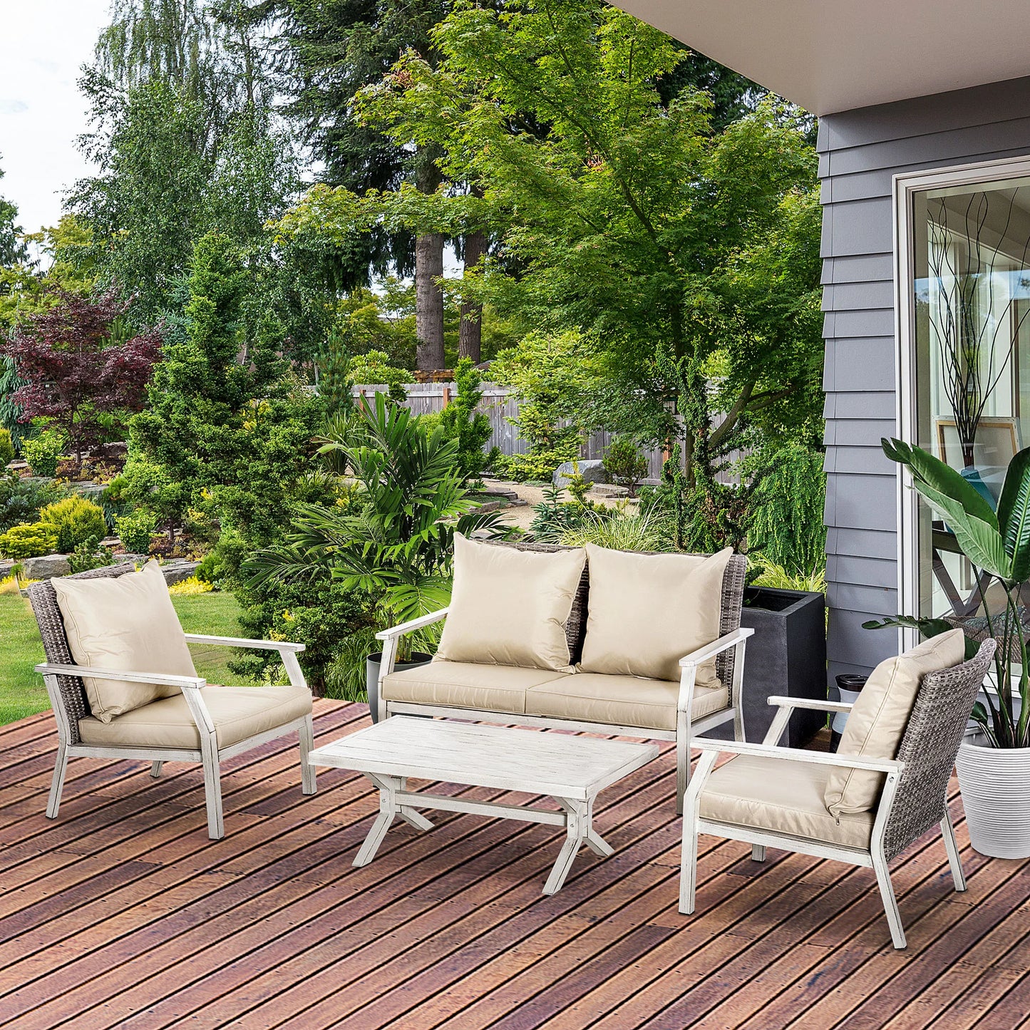 4-Piece Patio Wicker Conversation Set With Coffee Table Beige