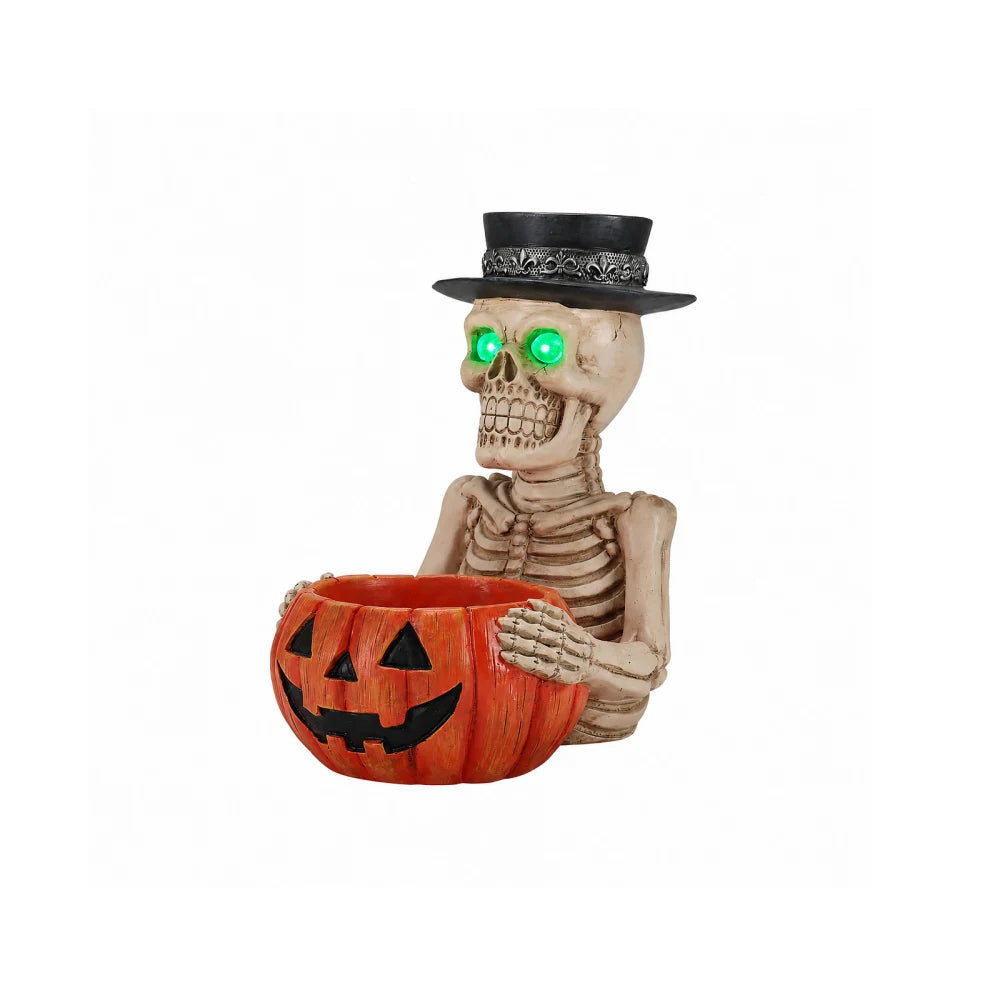 Halloween Skeleton Figurine with Pumpkin Candy Bowl & Candle Holder, Spooky Table Decor for Halloween