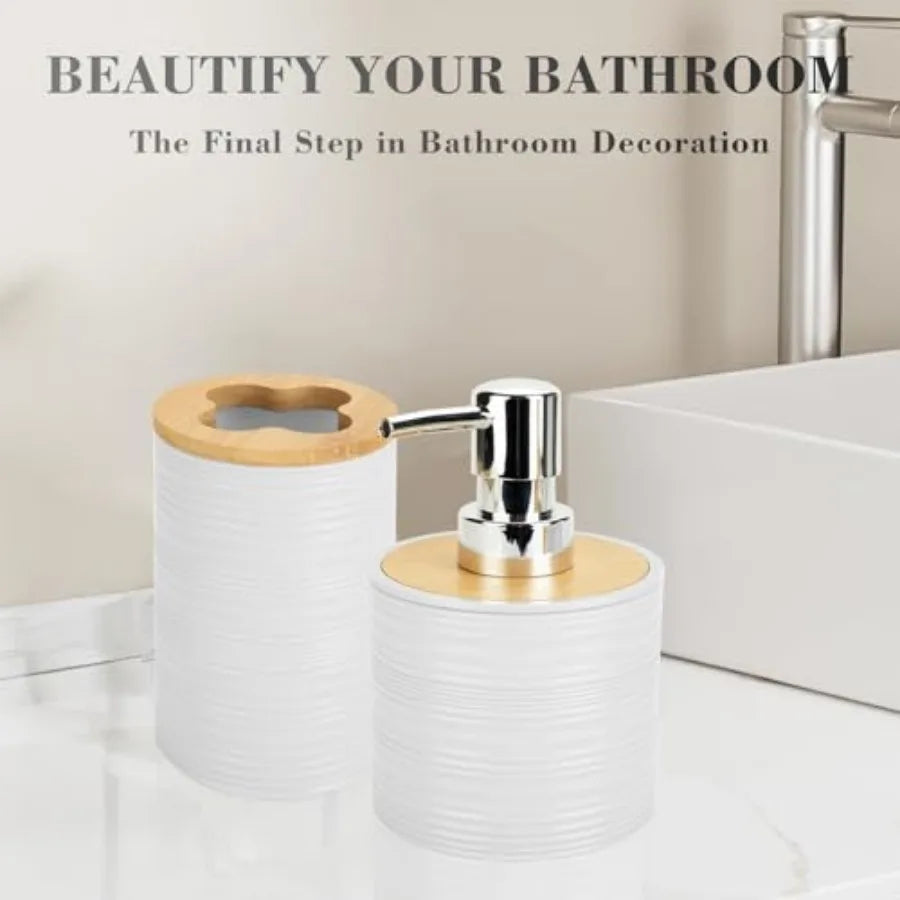 Bohemian Bamboo Bathroom Accessories Set Soap Dispenser And Toothbrush Holder
