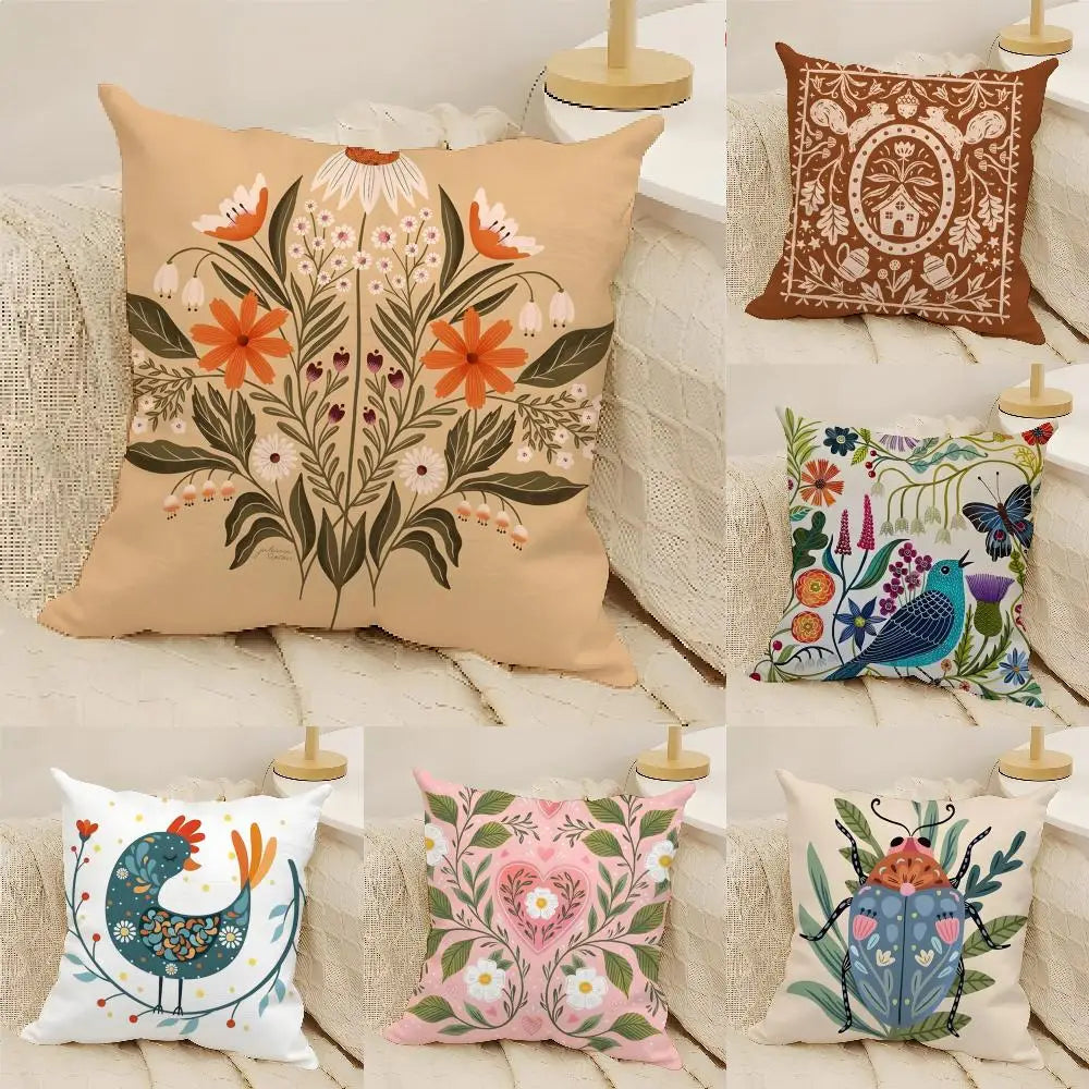 Butterfly Bird And Flower Print Pillow Case Linen Cushion Cover
